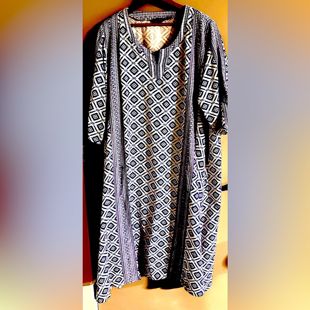 Ulla Popken Blue and White Diamond Pattern BoHo Style Dress